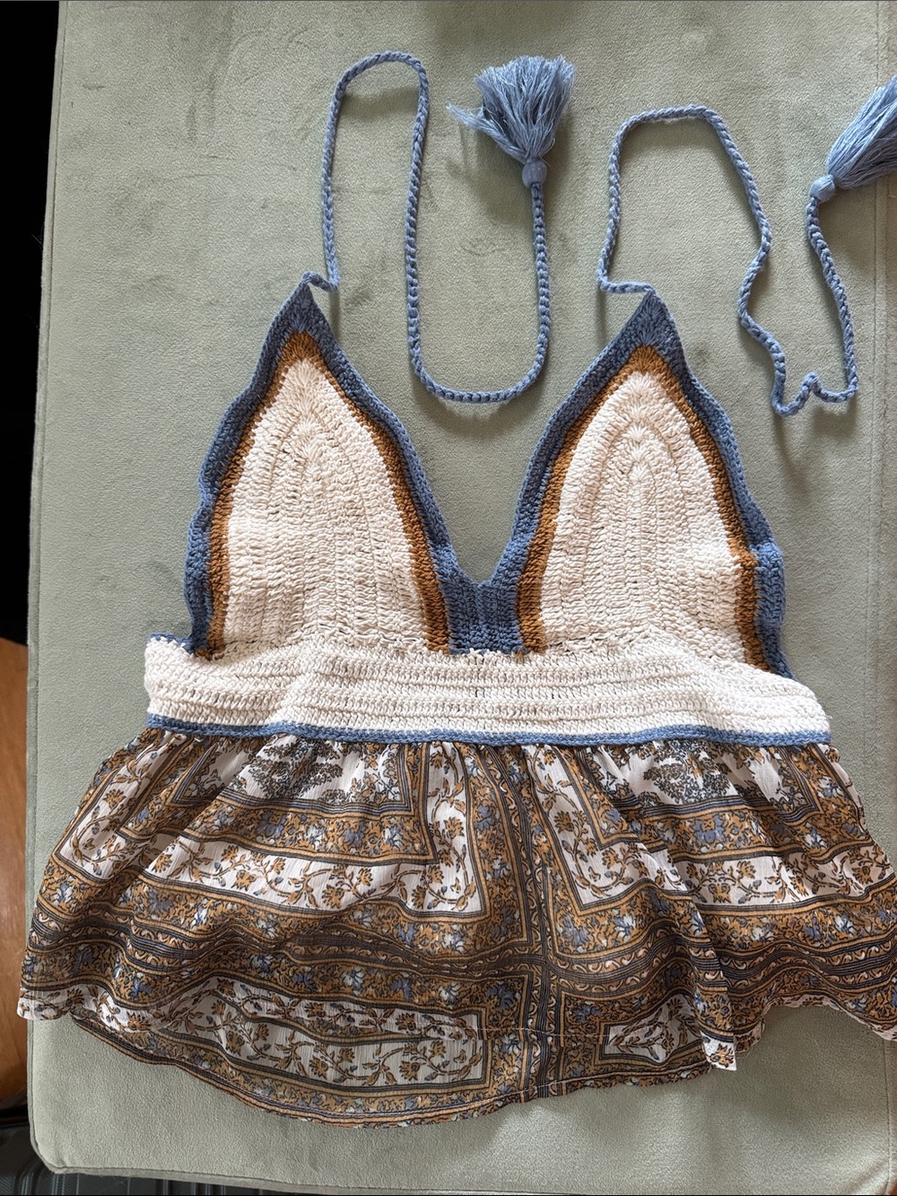 Bohemian Crochet & Printed Peplum Camisole - Blue, Cream, Brown